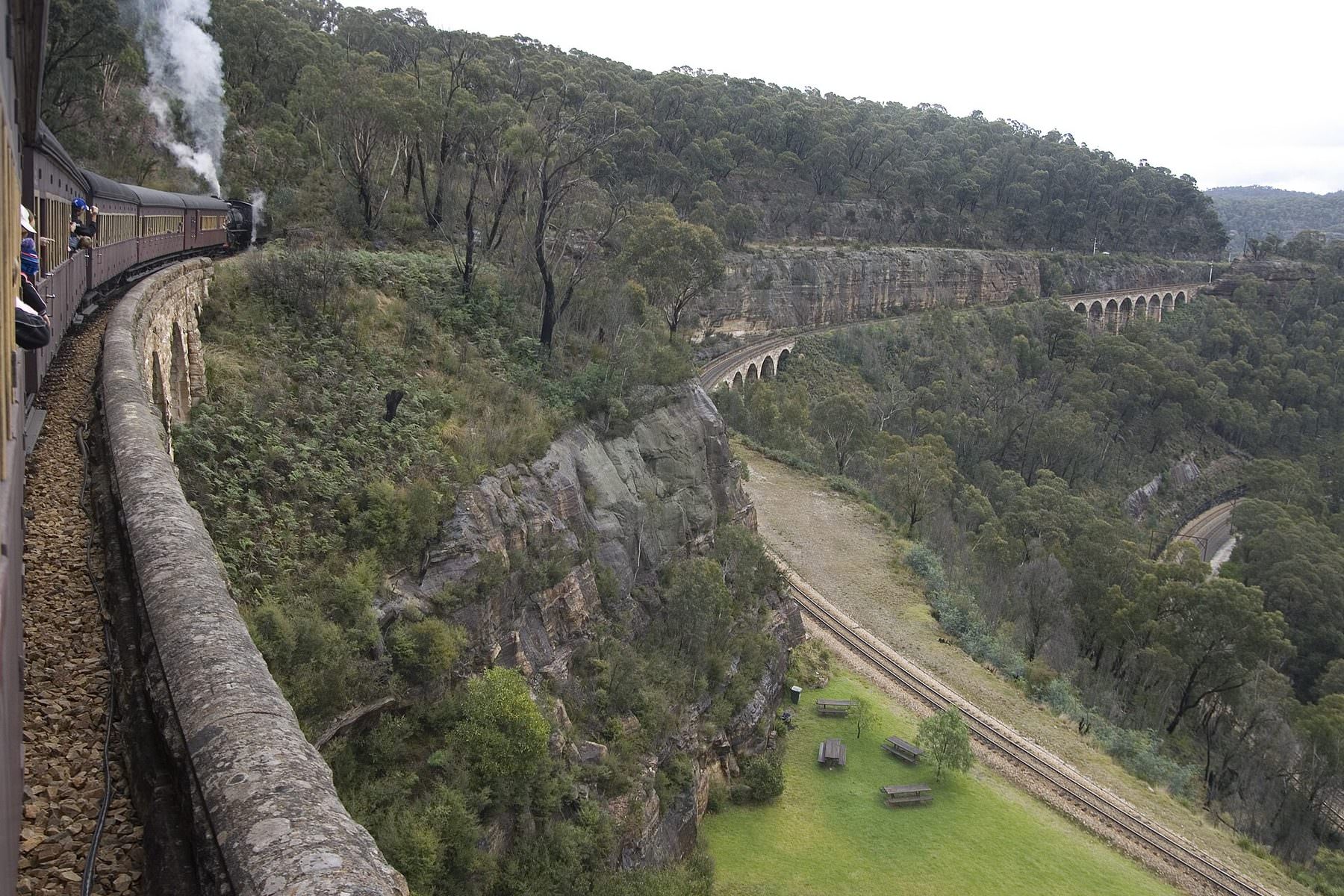 A heritage train on the Lithgow Zig Zag railway, descending the western escarpment